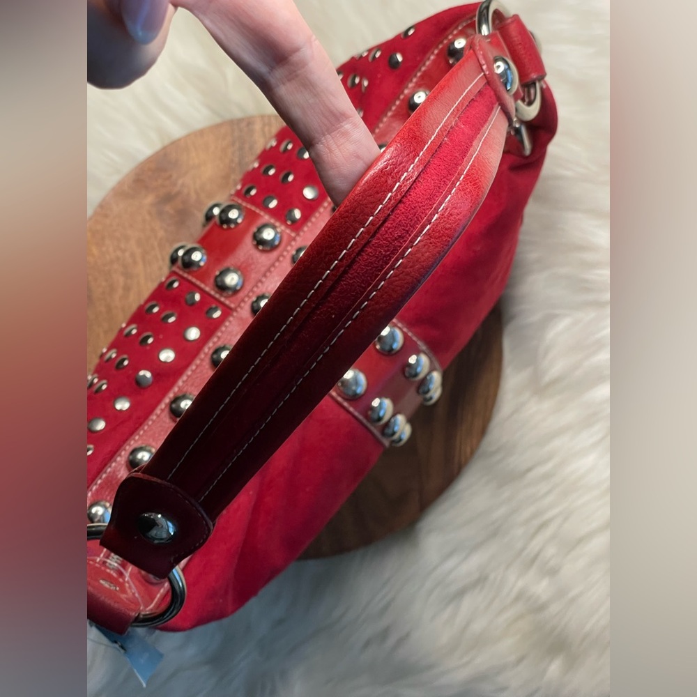 KATHY VAN ZEELAND Red Faux Suede w/Silver Tone Stud Detail Shoulder Bag - Picture 6 of 10